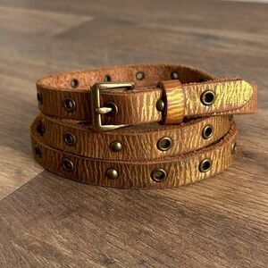 Gap Boho Metallic Leather Skinny Grommet Studded Belt Brown Gold Womens Medium